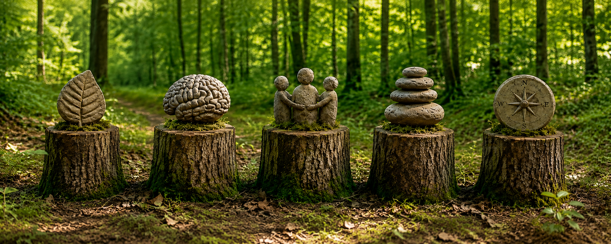 Fünf Natur-Symbole im Wald als Sinnbild für die fünf Lebenssäulen